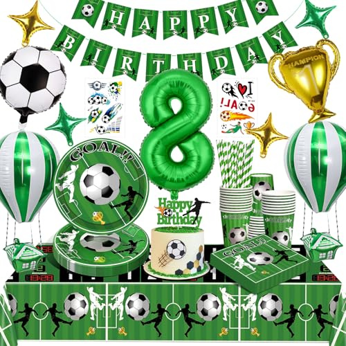 8 Años Decoracion Cumpleaños Futbol,Set Decoracion Fiesta Niños Futbol Globos Cumpleaños,Platos,Mantel,Vasos,Servilletas,Pancartas,Pajitas