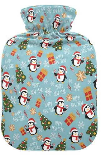 Wärmflasche, 1 l, kleiner Wärmbeutel mit weichem Plüsch-Wärmbezug, Weihnachts-Pinguin, auslaufsicherer Schraubverschluss, ideal für Wintersport, Outdoor, Rücken, Nacken und Bein, kalte Muskelschmerzen