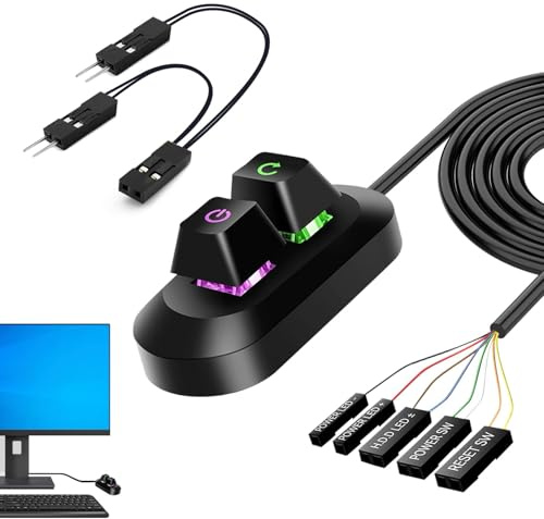 PC Power Button Extern 1.8m PC Anschaltknopf mit RGB LED Beleuchtung Inklusive 1-zu-2 Splitterkabel für Einfache Computer Startknopf Extern Installation für Desktop Computer Steuerung