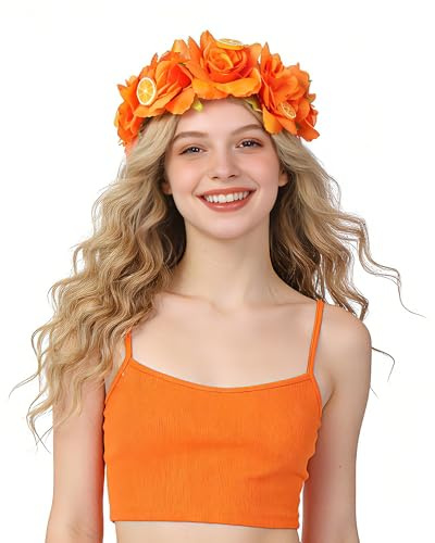 ETOFETE Haarreif Orange Blumenkranz mit Zitronen, Oranger Stirnband Kopfschmuck Karneval Fasching Obst Kostüm Damen Accessoires