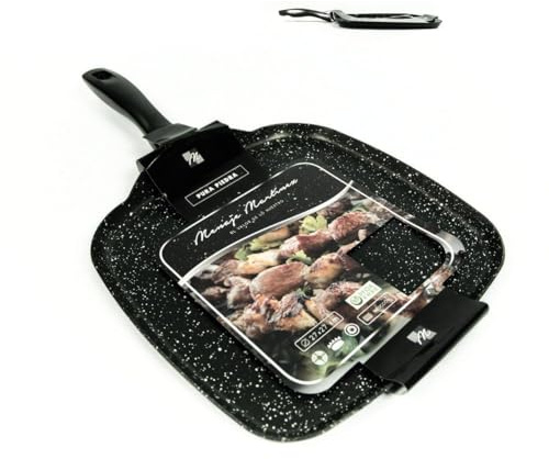 Asadora Grill Piedra 27x27 cm Menaje Martínez, Plancha Antiadherente Libre de PFOA, Aluminio Prensado, Mango Baquelita, Color Negro, Apta para Cocina Diaria