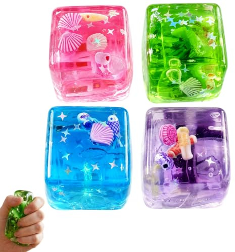Ice Cube Squishies, Slow Rising Squishies, 4 Stück Squishis Eiswürfel, Quetschbälle für Entspannung und Konzentration, 3 cm Würfel in Blau Grün Lila Rosa