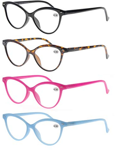 MODFANS Confezione da 4 Occhiali da Lettura 1.5 Cat Eye Donna, Lente Trasparente Visione Chiara - Cerniera a Molla - Montatura Leggera Moda Comodo Nero-Marrone-Rosa-Blu