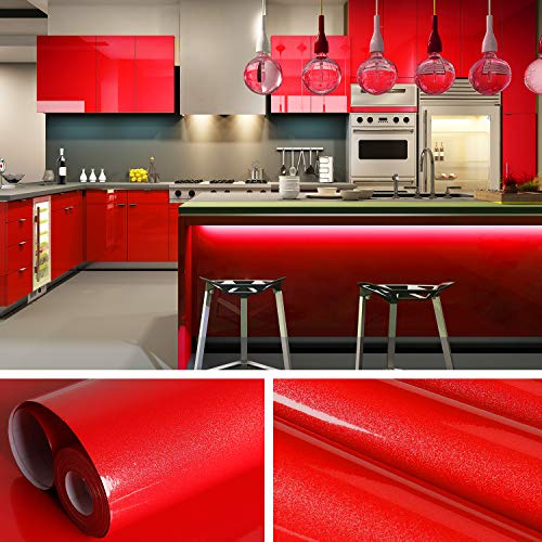 Veelike Papier peint imperméable à l'eau Rouge nacré Papier adhésif avec un mètre ruban doux pour comptoir de cuisine, armoires, décoration intérieure 15.74 × 118.11 Rouge