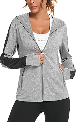 Wayleb Damen Laufjacke Sportjacke Langarm Trainingsjacke Kapuzenjacke Sweatjacke Atmungsaktive mit Daumenloch und Tasche Für Laufen Yoga Fitness Grau XXL