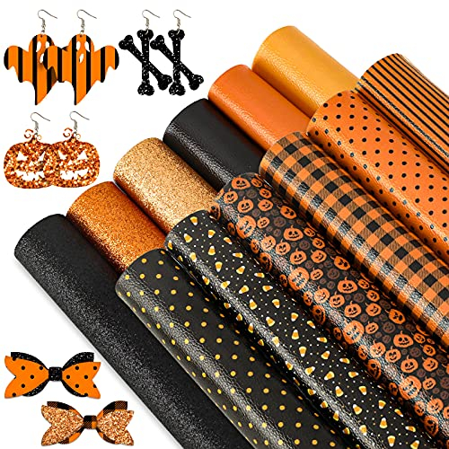 Whaline Halloween Kunstleder Bl?tter 20、3 x 30、5 cm Kürbis Plaid Punkte Streifen Kunstleder Glitzer Schwarz Orange Kunstleder für Halloween DIY Handwerk Ohrring Haarschleife 12 Blatt