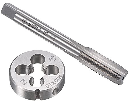 sourcing map Terraja y Macho de Roscar, Juego de Terrajas Redondos de Roscar Métricas M10 x 1mm de Aleación de Acero y Macho de HSS Máquina