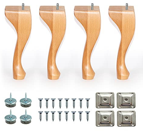 Britwood 9'' Queen Anne Wooden Furniture Replacement Legs Clear Lacquer M8 Thread With Level Mounting Plates Protective Felt Pads Set Of 4 For Sofa Cabinet Footstool Chair Bed Ottoman, Four Seats
