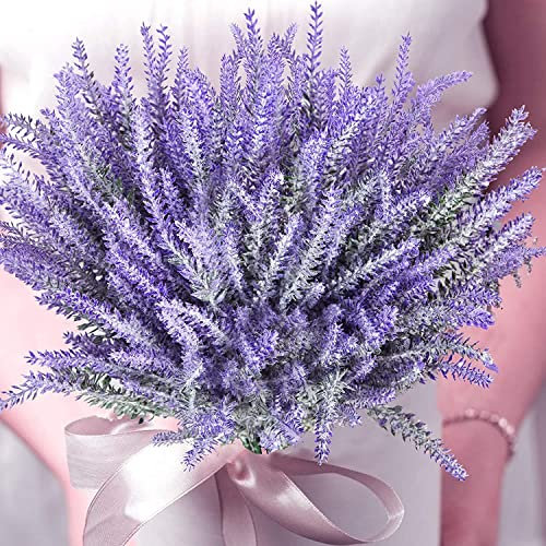 Siganorpy Bouquet di lavanda artificiale floccato in fiori viola, per la casa, fai da te, pavimento, giardino, ufficio, matrimonio, piante finte, per esterni, da appendere, per casa, portico,