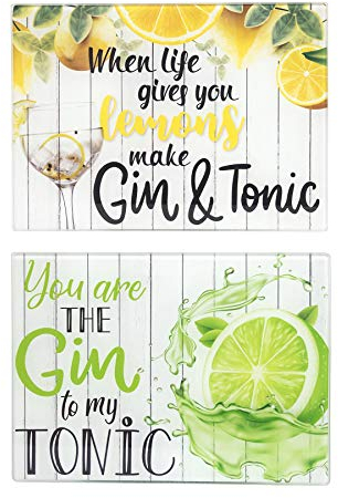 YöL Pack of 2 Gin & Tonic Tempered Glass Worktop Saver Chopping Board - Anti Slip, Surface Protector, Cocktail Drinks Fruit