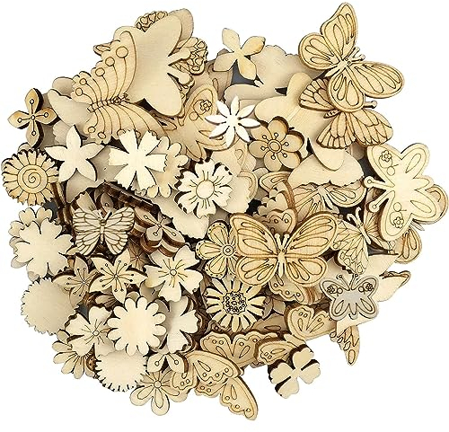 Plstod 150 Stücke Holz Schmetterlinge Kleine Holzblätter und Blumen DIY Schmetterling Holzscheiben Kleine Holzblumen Zum Basteln Handwerk Streudeko Weihnachtsdeko Scrapbooking Verzierungen