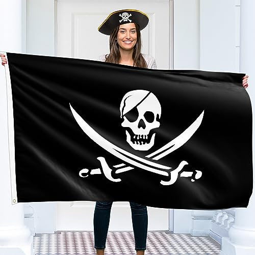 Bandiera dei pirati – Bandiera Jolly Roger – Stampa fronte/retro – poliestere 90 g – Doppia cucitura – 2 occhielli in ottone, grandi 1,5 x 0,9 m