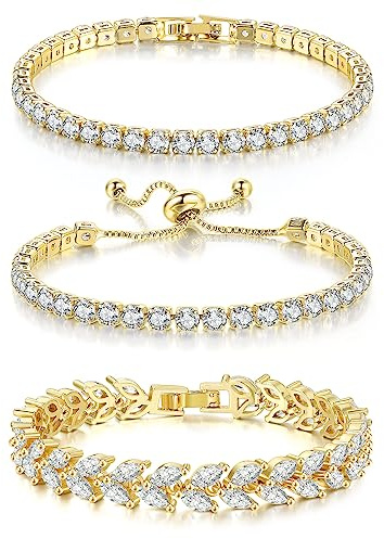 GEMOSA 3 Pcs Tennis Bracelet Set 14K Gold Plated Marquise Cubic Zirconia CZ Diamond Dainty Adjustable Silver Bracelets for Women Brides Stackable Fashion Jewelry Wedding Prom Gift, 6.7 Inch, Brass