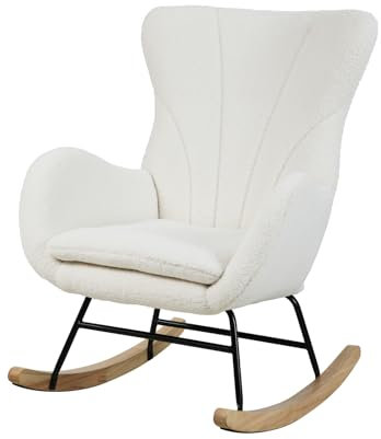 SVITA Knut Schaukelstuhl Schaukelsessel Schwingstuhl Wohnzimmersessel Holzkufen bequem gepolstert mit Armlehnen Teddyboucle modern skandi Weiß