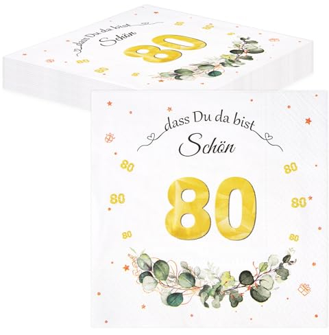 TOPWAYS Servietten 80. Geburtstag Mann Frau, Tischdeko Eukalyptus Papierservietten Anniversary Deko 40 Stück