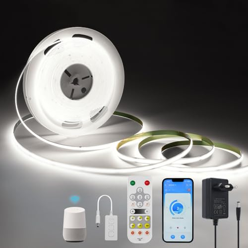 Yamlten 24V COB LED Streifen 6000k Kaltes Weiß,Dimmable LED strip mit RF Fernbedienung/Smart App Steuerung/Alexa,320 LEDs/M für Küche,Badezimmer,Schlafzimmer DIY LED Band 10m.