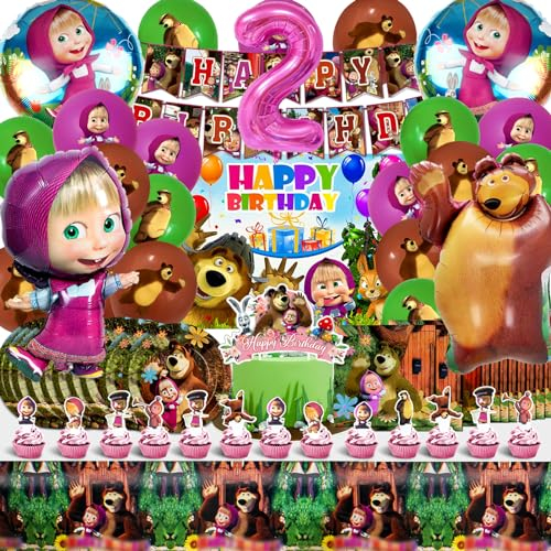 Masha Cumpleaños 2 Años - Decoración Con Globos, Vajilla de Fiesta, Fondo y Decoración de Mesa