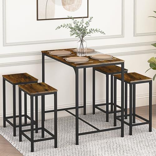 anrekl Juego de mesa de comedor y silla, mesa de bar con 4 sillas, cocina, salón, mostrador de bar, estructura de acero, diseño industrial, mesa de bar 100 x 60 x 90 cm, silla de bar 30 x 40 x 65 cm,
