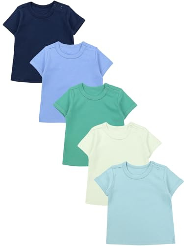 TupTam Baby Jungen Kurzarm T-Shirt mit Aufdruck Unifarben Sterne Streifen 5er Set, Farbe: Dunkelblau Blau Mineralgrün Dunkelgrün Hellgrün, Größe: 92