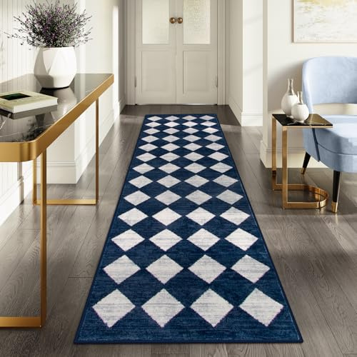 Lahome 2x8 Hallway Runner Rug, Soft Kitchen Runner Rug, Non Skid Washable, Blue Bathroom Carpet Runner, Moroccan Trellis Low Pile Rug Runner for Entryway Laundry Room Foyer (2'x8', Blue)