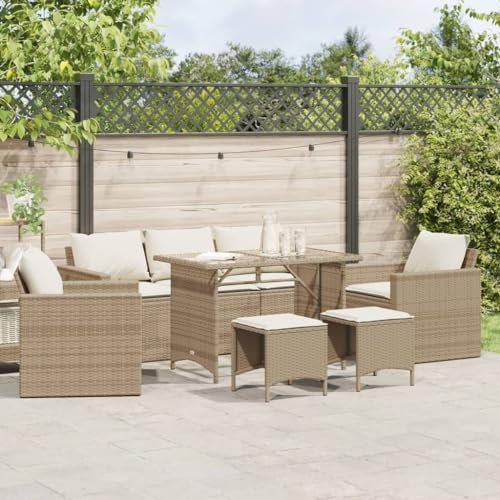 Willood 6 TLG. Rattanmöbel Gartenbank Rattan Garten Sitzgruppe Gartenlounge Gartenmöbel Set Sofagarnitur mit Kissen Beige und Cremeweiß Glas Tisch