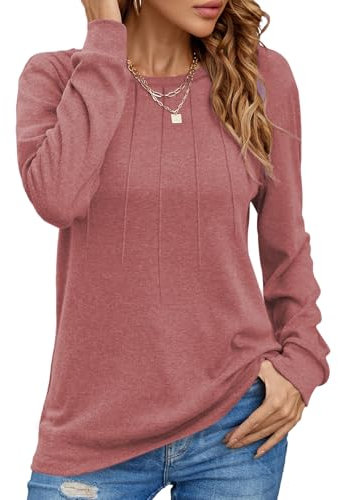 Cuptacc Pull Femme Hiver 2024 Soft Col Rond Tunique Femme Plissé Fashion Design Basique Top Femme Rose foncé XXL 52-54