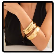 Wedity 3Pcs Chunky Bangle Bracelets Trendy Wide Surface Cuff Bracelets Arc Plain Circle Wrist Cuff Wrap Bracelet Jewelry for Women (Gold)