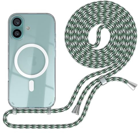 EAZY CASE - Handykette kompatibel mit iPhone 16 Kette zum Umhängen Handyhülle für Apple iPhone 16 Silikon Hülle mit Band Handytasche Transparent als Fallschutz in Hell Grün Camouflage - Clips Silber