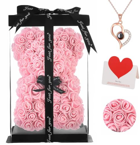 Rose Bear Gift, 10 Inch Artificial Flower Rose Teddy Bear with Gift Box, for Anniversary, Valentine's Day, Wedding, Birthday, Romantic Gift for Her (Light Pink)