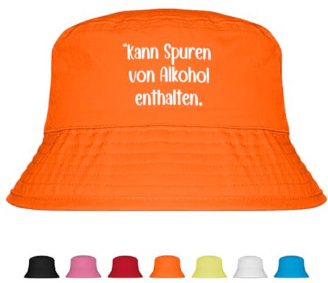 Kann Spuren von Alkohol enthalten - Lustiger Fischerhut – Der perfekte Sonnenhut für Herren & Damen – Ideal als Malle-Outfit, Party-Accessoire & Festival-Eimerhut für den Strand | Farbe Orange