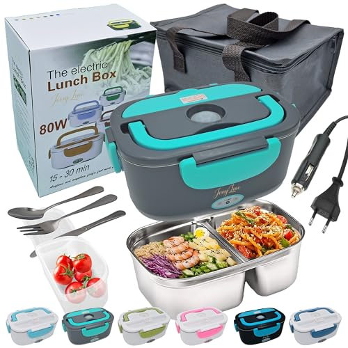 JessyLine Fiambrera Eléctrica 3 en 1 12V/24V/220V 80W para Coche, Camión y Oficina – Contenedor de 2 Compartimentos de Acero Inoxidable y capacidad 1,5L Bolsa Térmica y Cubiertos (Gris y cyan)