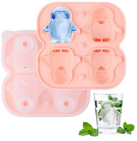 BigKego Silikon Eiswürfelform Pinguin 4 Fächer Eiswürfelbehälter mit Deckel Eiswürfelschale Ice Cube Tray BPA Frei für Whiskey Cocktail Wein Saft Kaffee