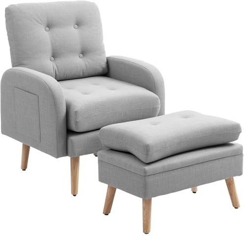 HOMCOM Fauteuil de Relaxation avec Repose-Pied, Fauteuil TV avec Coussins, 2 Poches de Rangement, Support jusqu'à 120 kg, canapé 1 Place capitonné pour Salon Chambre Bureau, en Tissu Lin Gris Clair