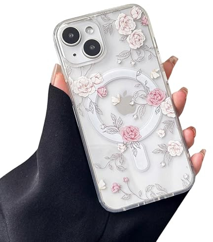 ZTOFERA kompatibel mit MagSafe,für iPhone 15 Hülle Blumen,Rosa Rose | Transparente, Weicher TPU-Rahmen,stoßfest und schützend,leicht abnehmbar
