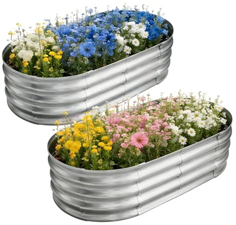 TATAANTY Verzinktes Hochbeet für den Außenbereich, 1,2 x 6,4 x 30,5 cm, langlebiges Metall-Pflanzgefäß-Set, ovaler Pflanzkasten für Gartenarbeit, Blumenkasten (2 Stück)