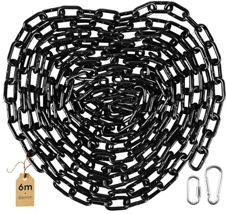 SWAWIS 6m Schwarz Stahlkette aus Kohlenstoffstahl 6mm | Starke Metallkette mit M6 Karabinerhaken und Schnellverschlussringe Gliederkette für Hundekette Schaukeln Absperrketten