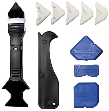 Silicone Sealant Tool Kit 5 in 1, Caulking Remover With Stainless Steel Head, 5 Replacement Silicone Pads And 4 Tile Gap Finishing Boards for Kitchen, Bathroom, Shower, Wall And Window Seal Repair