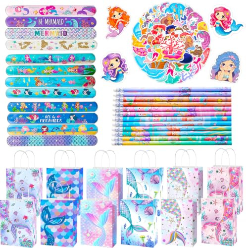 Eymobad 86 PCS Meerjungfrau Party Taschen Meerjungfrau Mitgebsel, 12 Meerjungfrauen-Papiertüte,12 Mädchen Slap Armbänder,12 Bleistift,50 Aufkleber,12 Bleistift,Gastgeschenk Kindergeburtstag Mädchen
