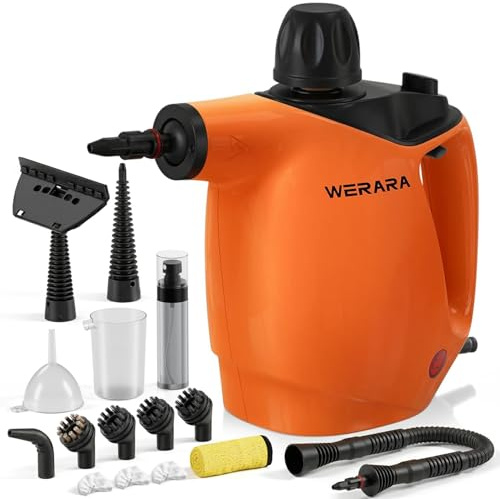 Werara Handheld Steam Cleaner, 500ml Portable Steam Cleaner, 1050W High Pressure with 16 Accessories & Child Lock, Multi-Surface for Kitchen, Carpet, Upholstery, Floor, Window, Tile (Orange)
