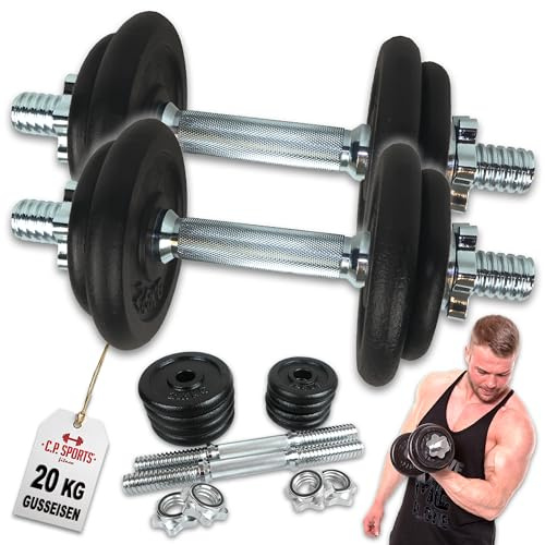 C.P.Sports Gusseisen Kurzhantel oder Langhantel Set 20KG / 25KG im Koffer | Hanteln Paar oder Hantelstange + Hantelscheiben + Verschlüsse | Kraftsport, Hanteltraining, Bodybuilding, Fitness, Home Gym