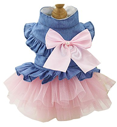 ZoonPark® Puppy Dog Pet Clothes, Denim Dress Tutu Skirt Summer Clothes for Small Dog Cat Puppy (L, Pink Skirt)