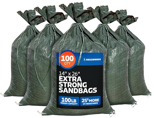 Sandbaggy Leere Sandsäcke aus Polyethylen für Hochwasserschutz, Gewicht, Bauarbeiten und Erdsackhäuser, wiederverwendbar, UV-beständig, mit Befestigungsbändern, 35,6 x 66 cm, 100 Stück