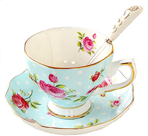 Juego de regalo vintage de porcelana fina, cuchara y platillo, juego de taza de té y platillo con ribete dorado, decoración de mesa y comedor (rosa azul)