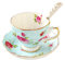 Juego de regalo vintage de porcelana fina, cuchara y platillo, juego de taza de té y platillo con ribete dorado, decoración de mesa y comedor (rosa azul)