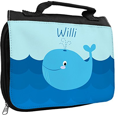 Kulturbeutel mit Namen Willi und schönem Wal-Motiv für Jungs | Kulturtasche mit Vornamen | Waschtasche für Kinder