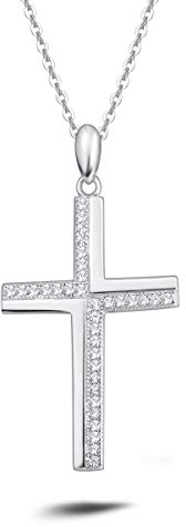 Damen Halskette mit Kreuz Christian Anhänger aus 925 Sterling Silber mit Zirconia - Verstellbar Kettenlänge: 40 + 5 cm