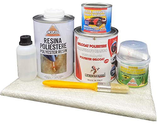 Kit riparazione barche e piscine in vetroresina formato da Resina liquida catalizzatore Foglio in fibra 1 mq Gelcoat paraffinato bianco stucco resina pasta abrasiva per lucidare pennello