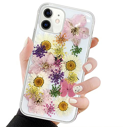 Tybiky iPhone 12 Mini Case Real Flowers Transparent Rubber Crystal Handmade Colourful Dried Flower Art Case Cover for Apple iPhone 12 Mini Pink Yellow Purple Flower