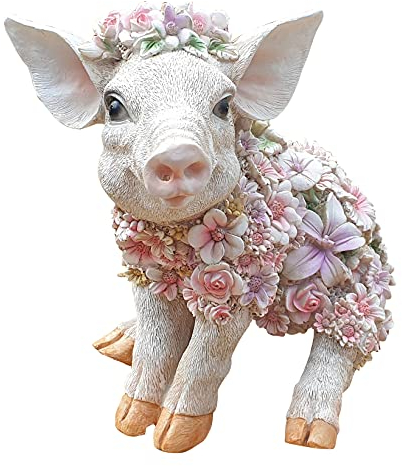 Fachhandel Plus Dekofigur Schweinchen sitzend mit Blumen lustige Gartendeko Tierfigur Ferkel Indoor Outdoor