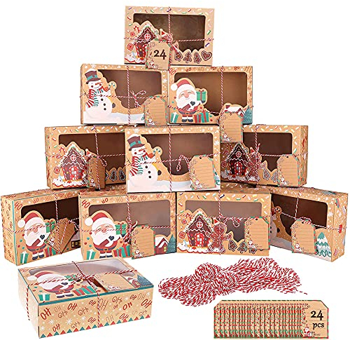 OEMG Lot de 24 Boîtes Cadeau de Noël en Papier Kraft avec Fenêtre, avec Ficelle, Sac Cadeau Noël pour Emballage Cadeau, Bonbons, Chocolats, Biscuits, Aliments pour Décoration de Noël (22x15x7cm)